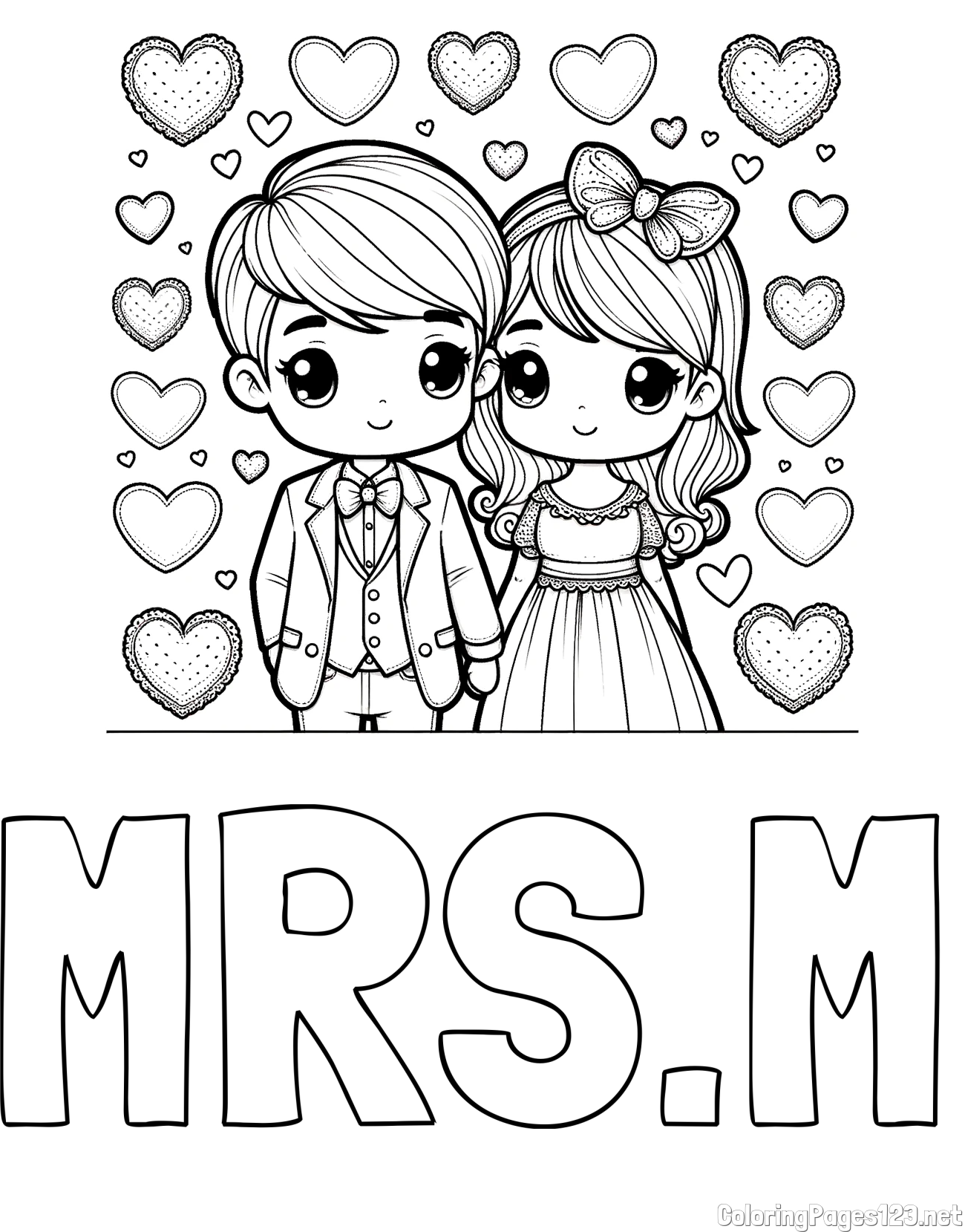 MRS.M Coloring Page and Coloring Page of a Couple Surrounded by Hearts