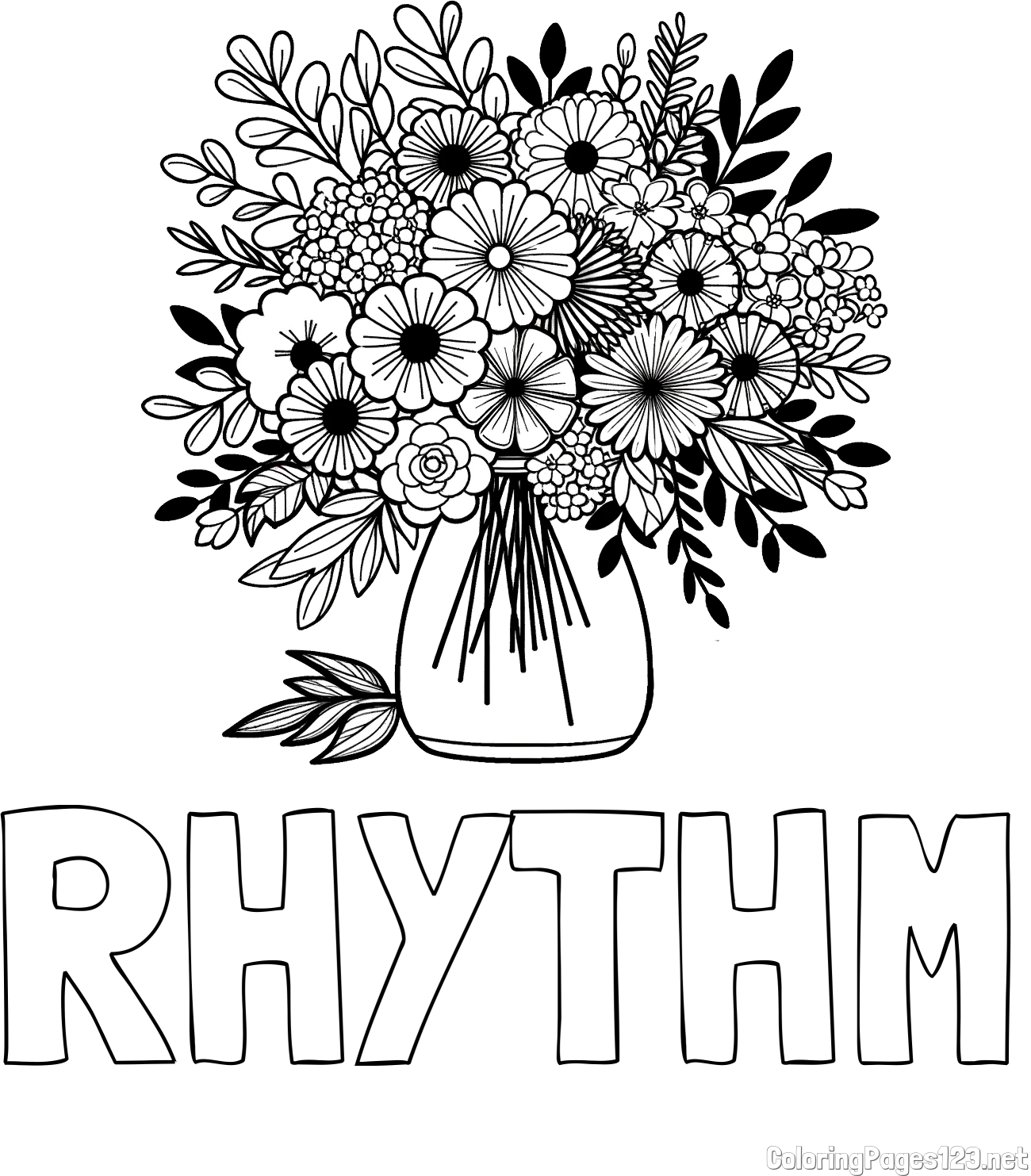 RHYTHM Coloring Page and Flower Bouquet Coloring Page