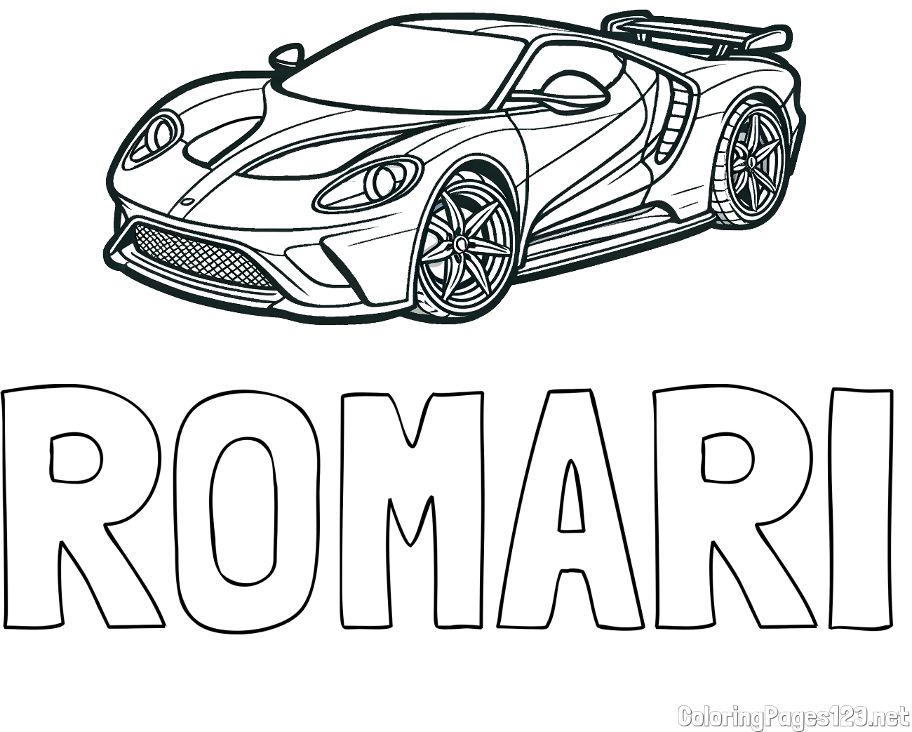 ROMARI Coloring Page and Coloring Page of a Fast Sport's Car