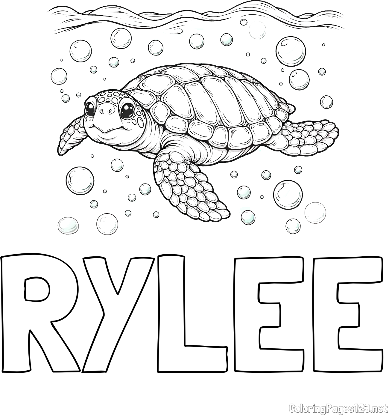 RYLEE Coloring Page and Coloring Page of a Sea Turtle Swimming in the Ocean