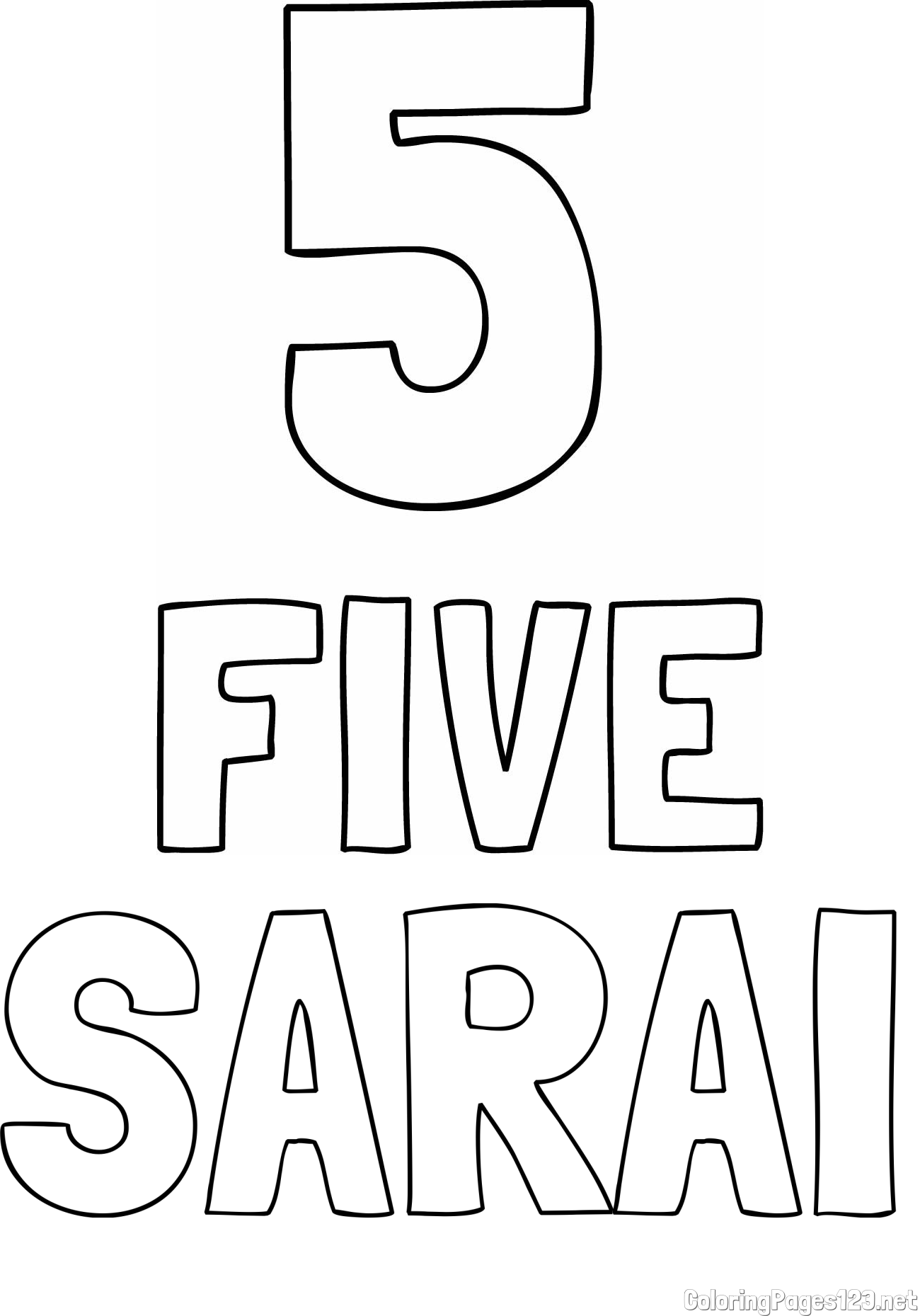 SARAI Coloring Page and Coloring of the Number Five (5) with the Written Name