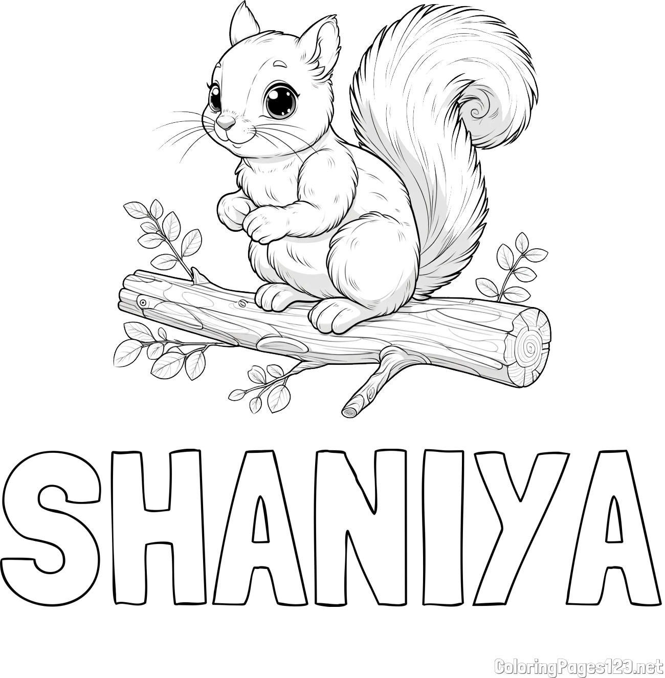 SHANIYA Coloring Page and Free Coloring Page of a Squirrel on a Tree Branch