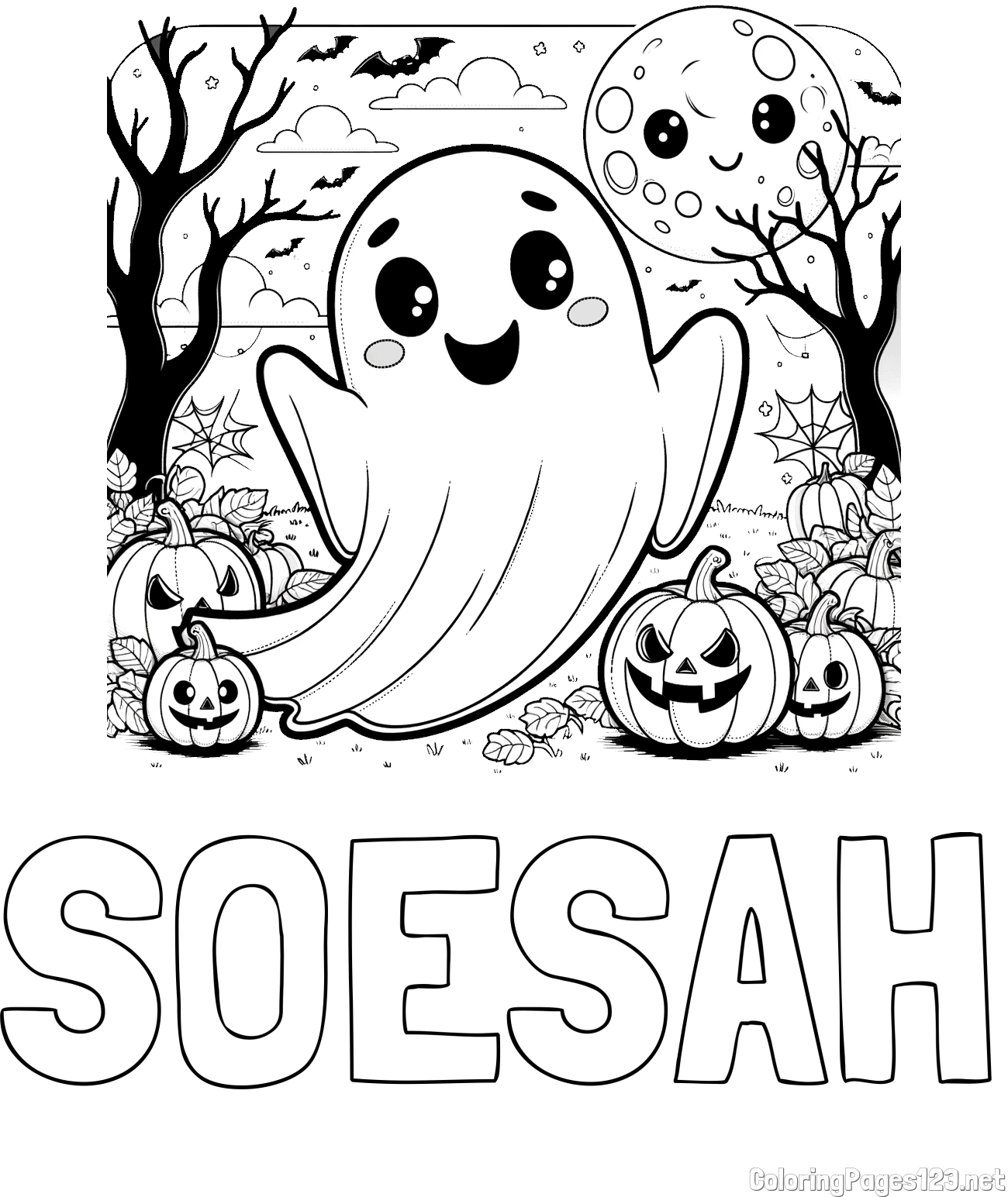 SOESAH Coloring Page and Halloween Coloring Page of a Ghost with Pumpkins