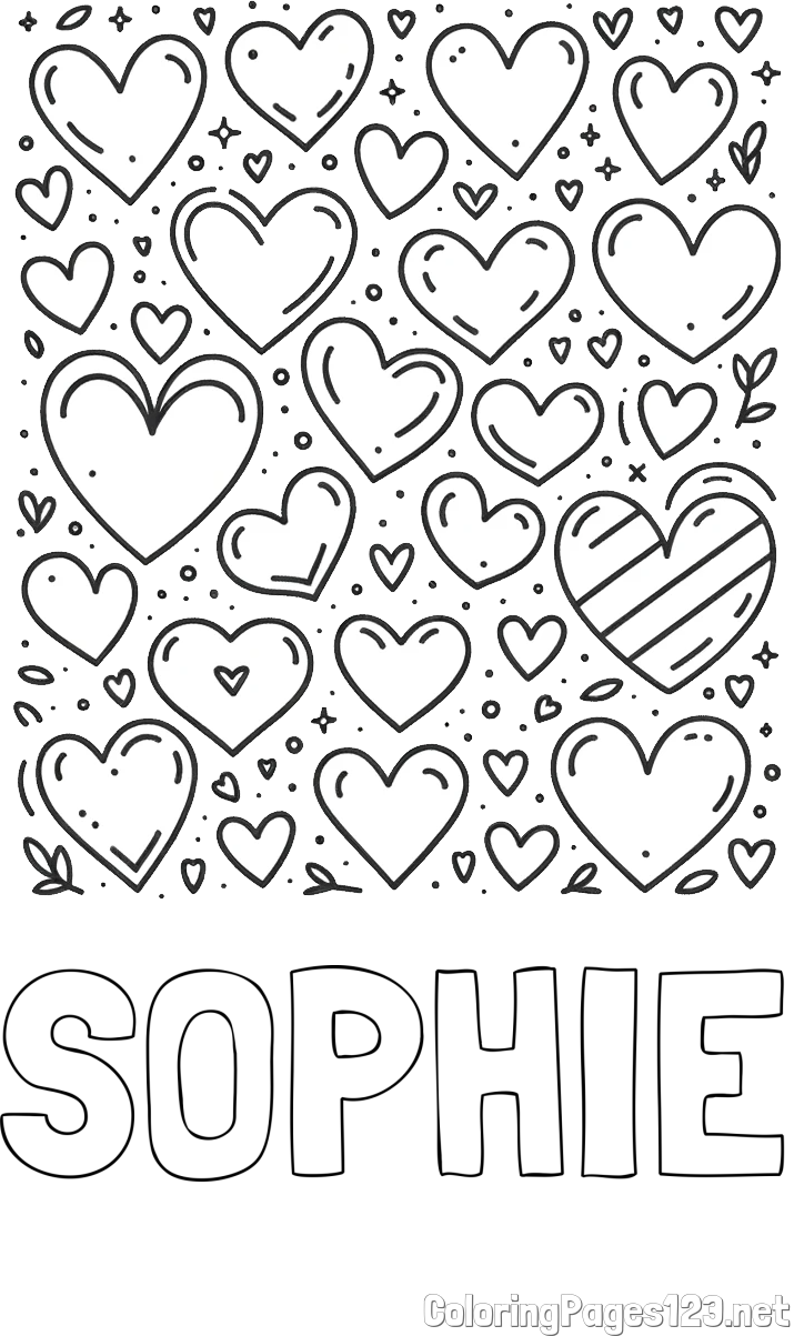 SOPHIE Coloring Page and Children's Coloring Page of Many Hearts