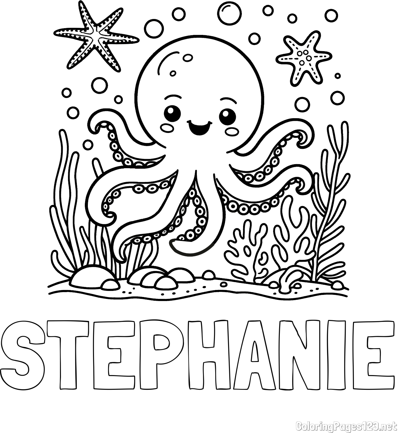 STEPHANIE Coloring Page and Coloring Page of a Cute Octopus in the Ocean