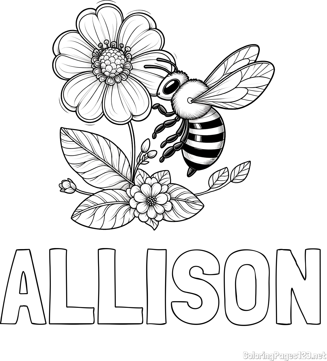 ALLISON Coloring Page and Children's Coloring Book of a Little Bee and Flowers