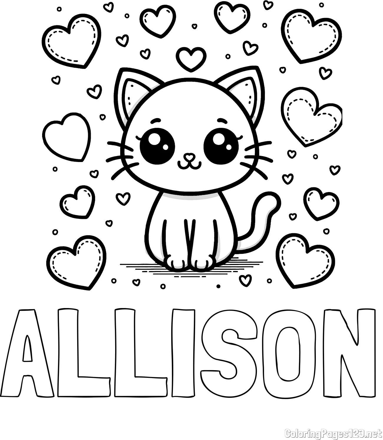 ALLISON Coloring Page and Free Coloring Page of a Cat and Hearts