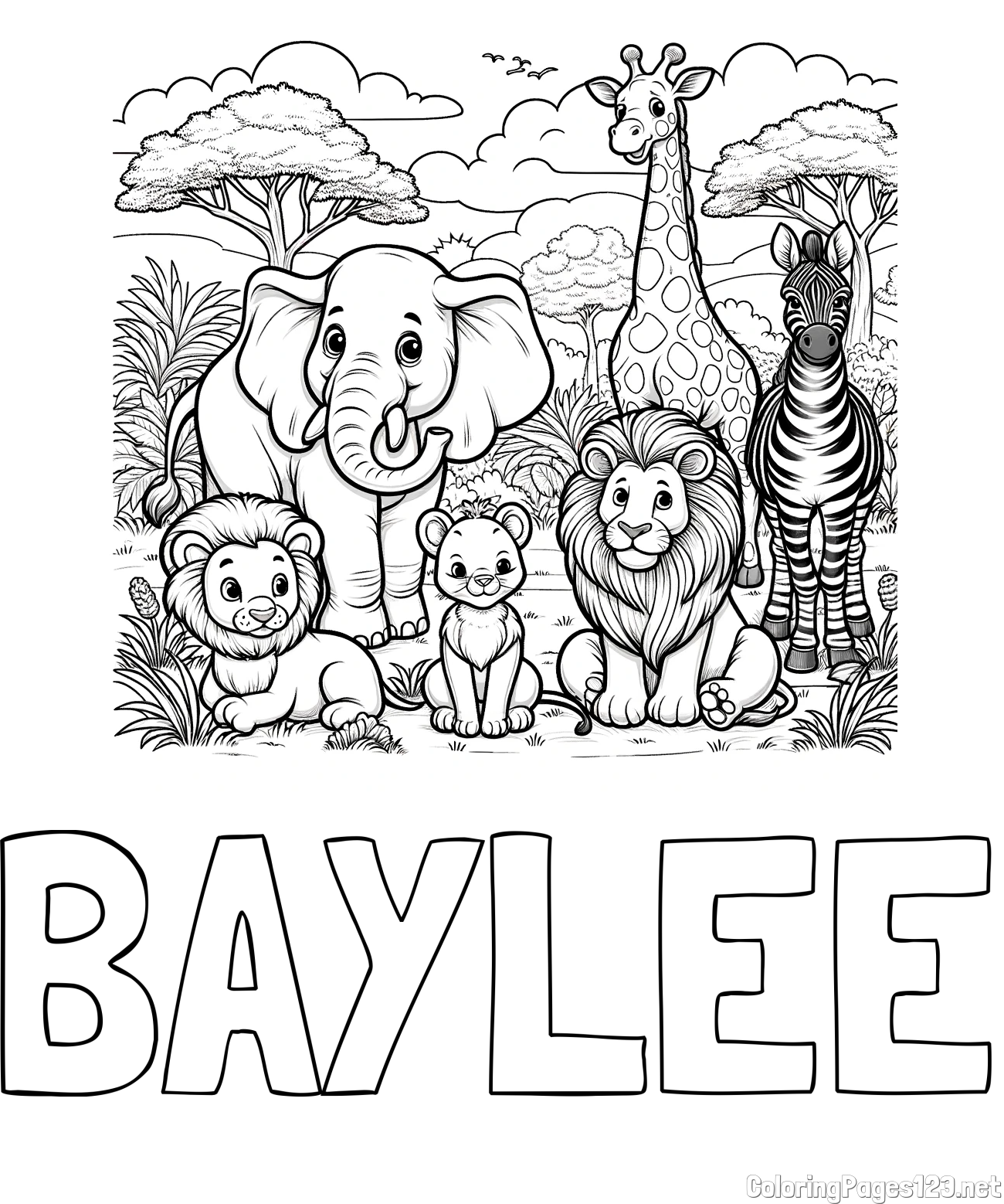 BAYLEE Coloring Page and Beautiful Animal Coloring Page - Lion Family, Elephant, Giraffe, and Zebra