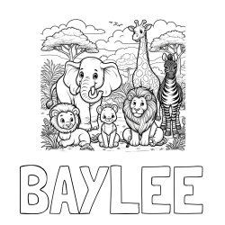 BAYLEE Coloring Page and Beautiful Animal Coloring Page - Lion Family, Elephant, Giraffe, and Zebra