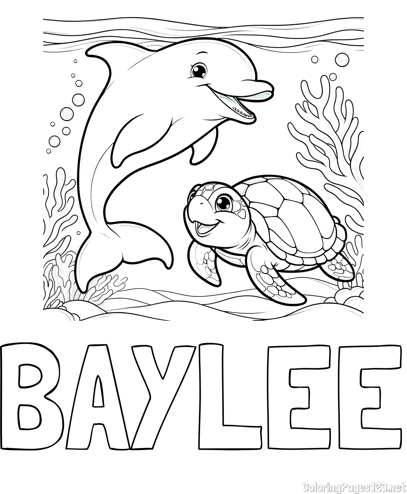 BAYLEE Coloring Page and Coloring Book of a Cute Dolphin with a Turtle in the Sea
