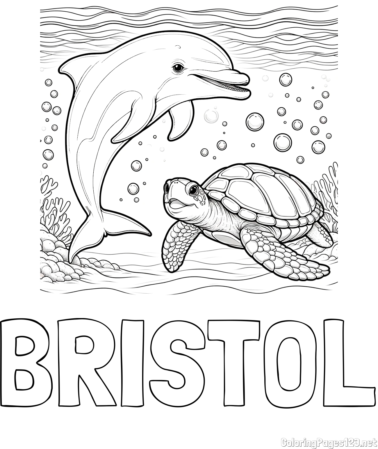 BRISTOL Coloring Page and Coloring Book of a Cute Dolphin and Its Turtle Friend"