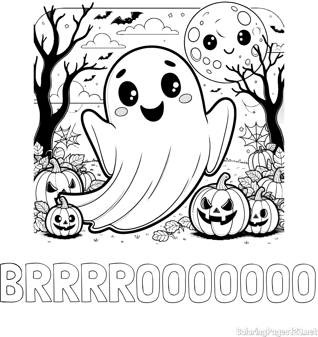 BRRRROOOOOOO Coloring Page and Halloween Coloring Page of a Ghost with Pumpkins