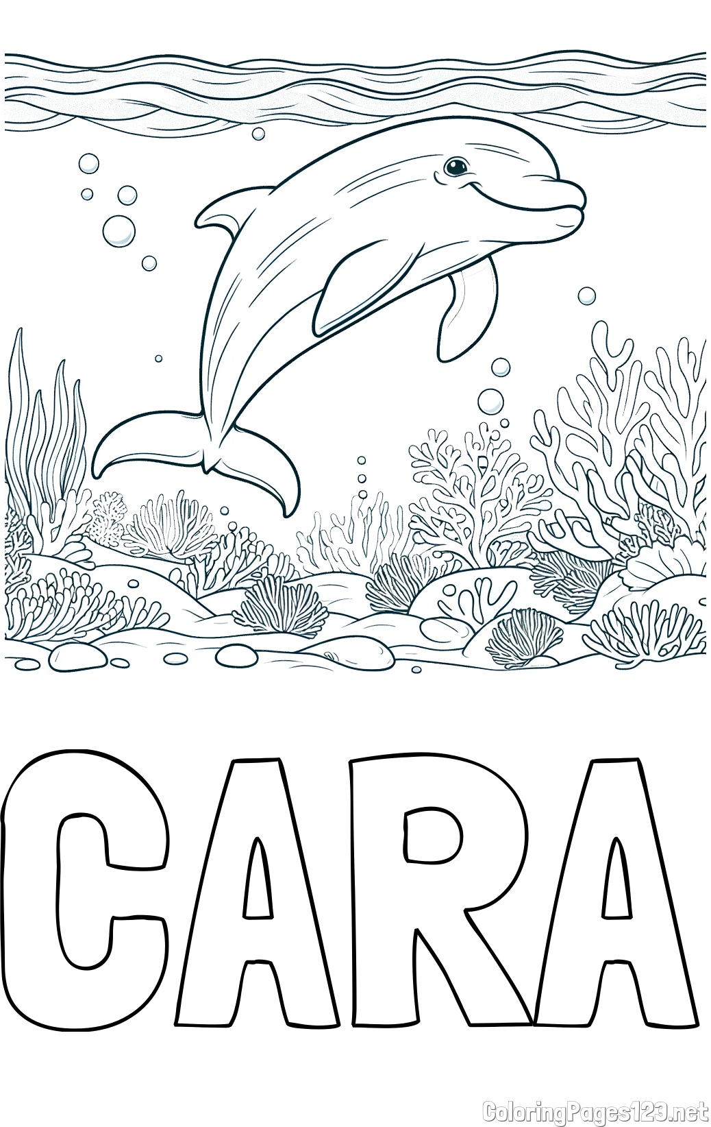 CARA Coloring Page and Coloring Page of a Cute Dolphin Swimming in the Sea