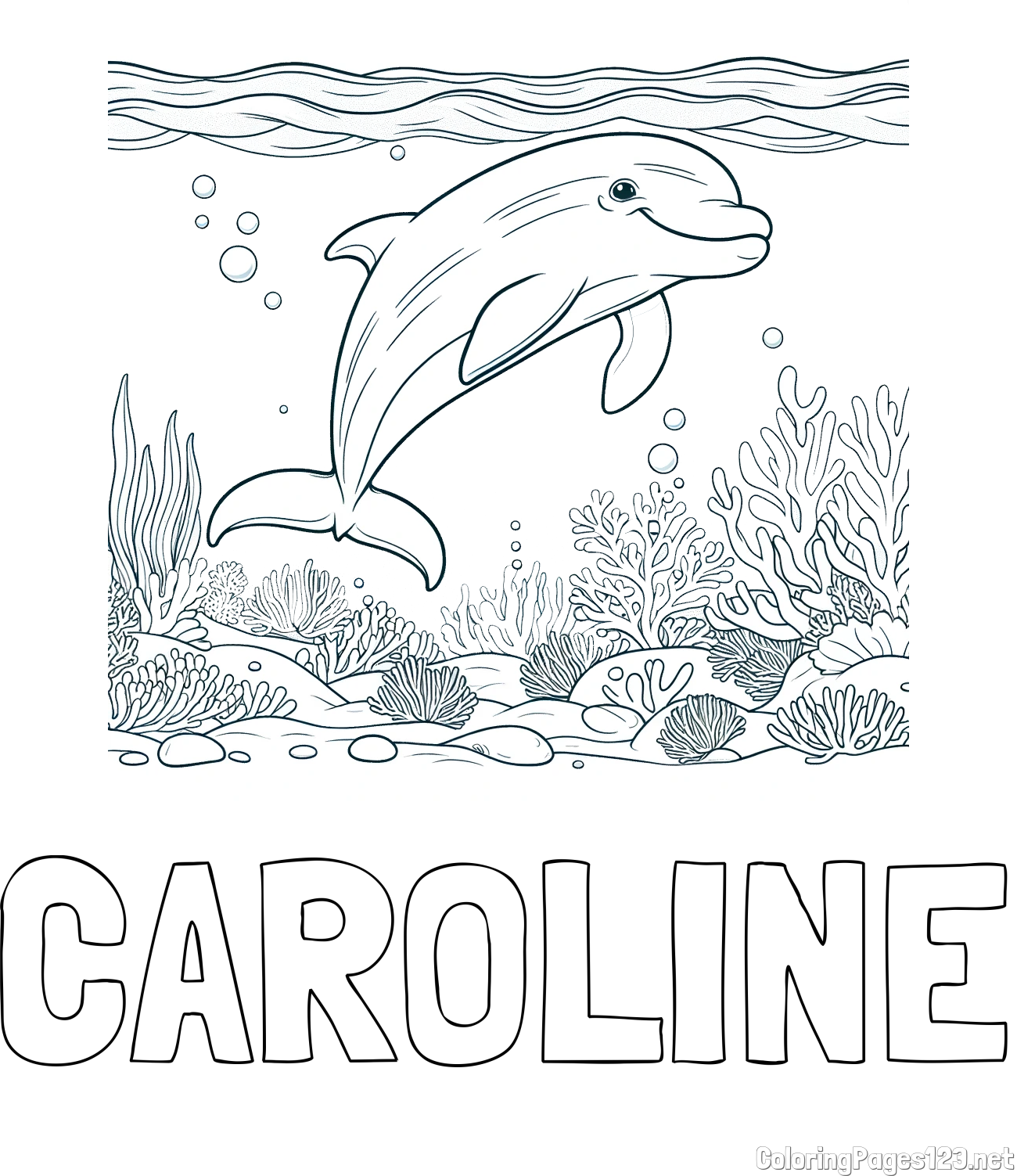 CAROLINE Coloring Page and Coloring Page of a Cute Dolphin Swimming in the Sea