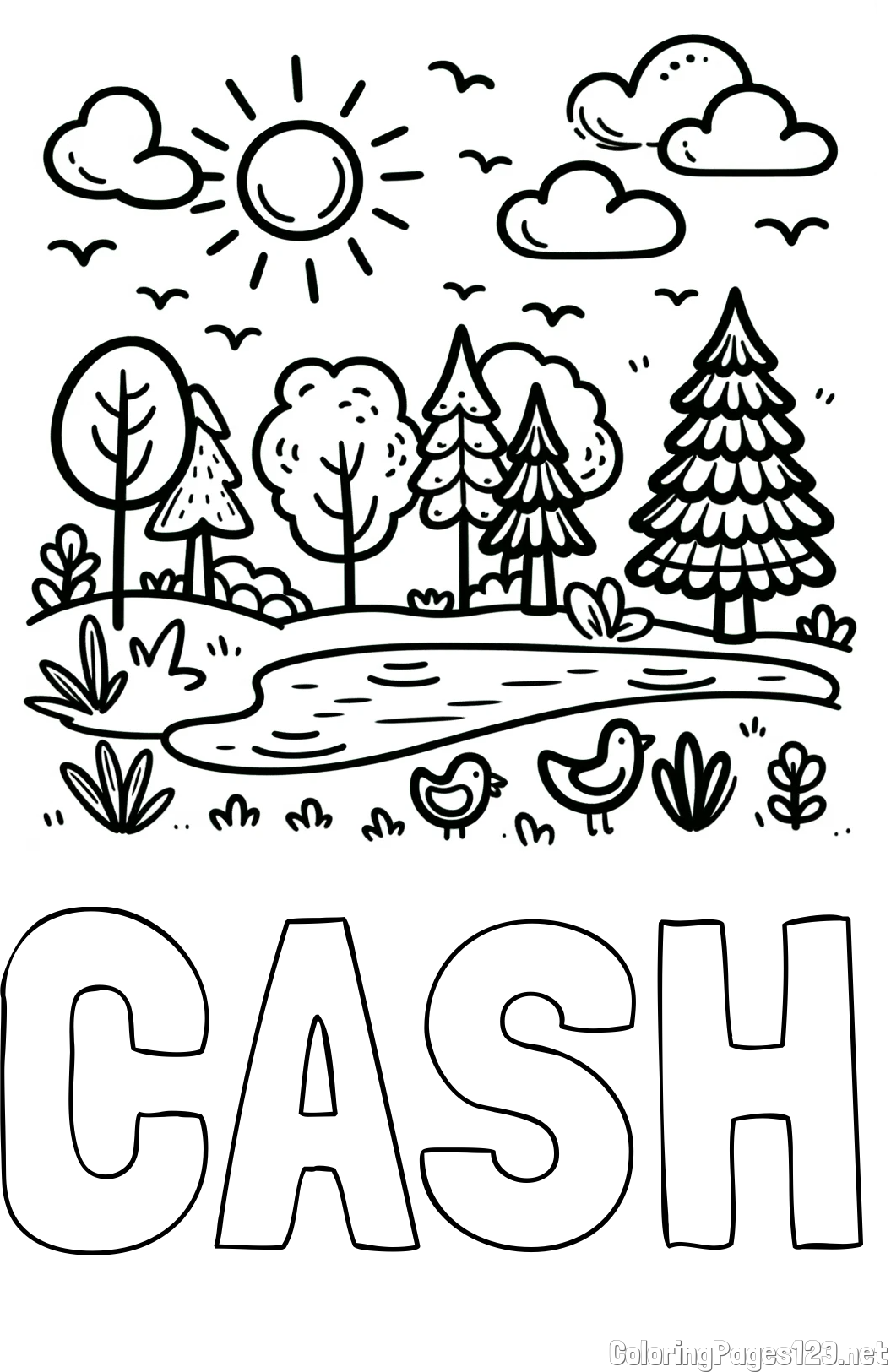 CASH Coloring Page and Summer Coloring Page - Pond, Ducks and Forest