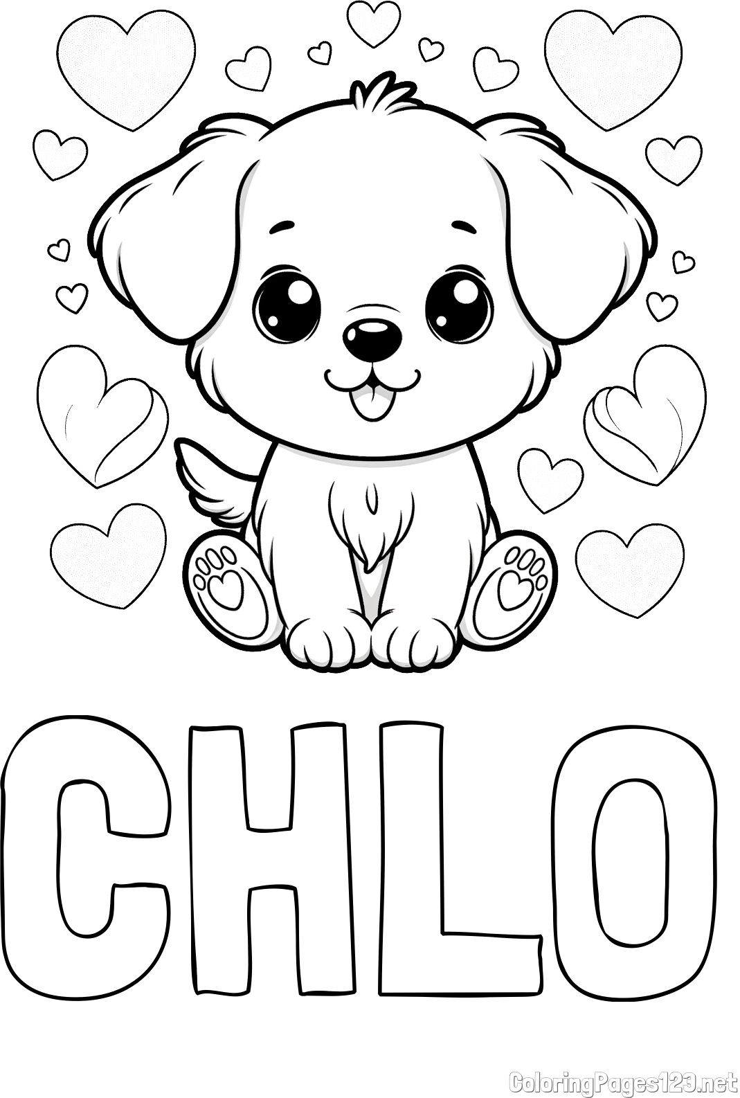CHLO Coloring Page and Coloring Page of a Cute Dog and Hearts