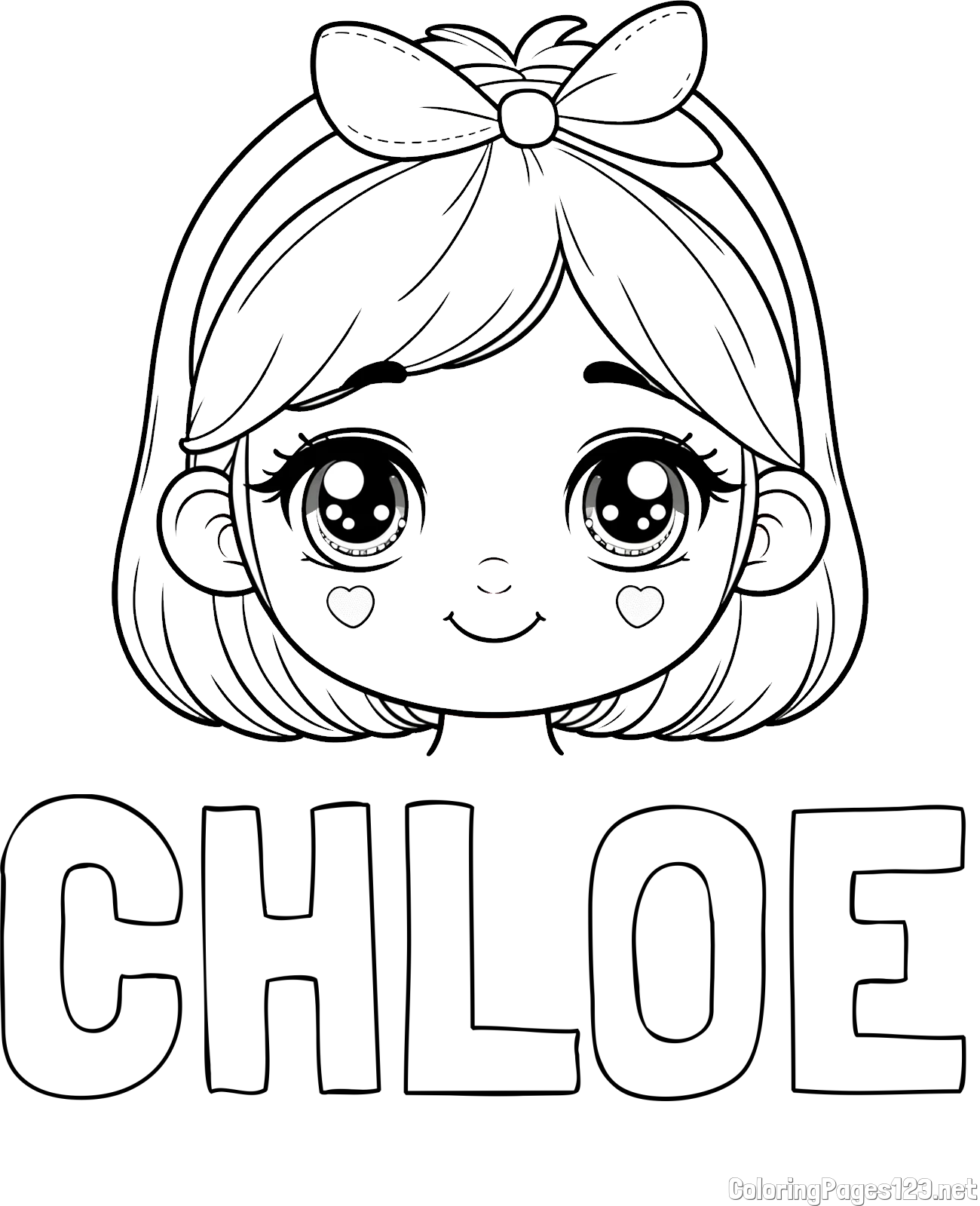 CHLOE Coloring Page and Cute Girl Face with Bow in Hair Coloring Page