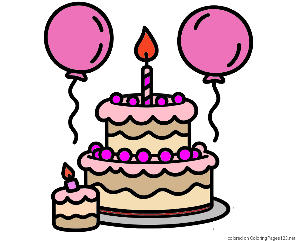 Colored coloring page - Birthday Cake Coloring Page with Balloons