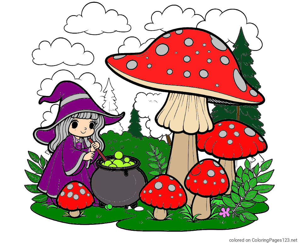 Colored coloring page - Coloring Page of a Cute Witch, Mushrooms, and a Forest