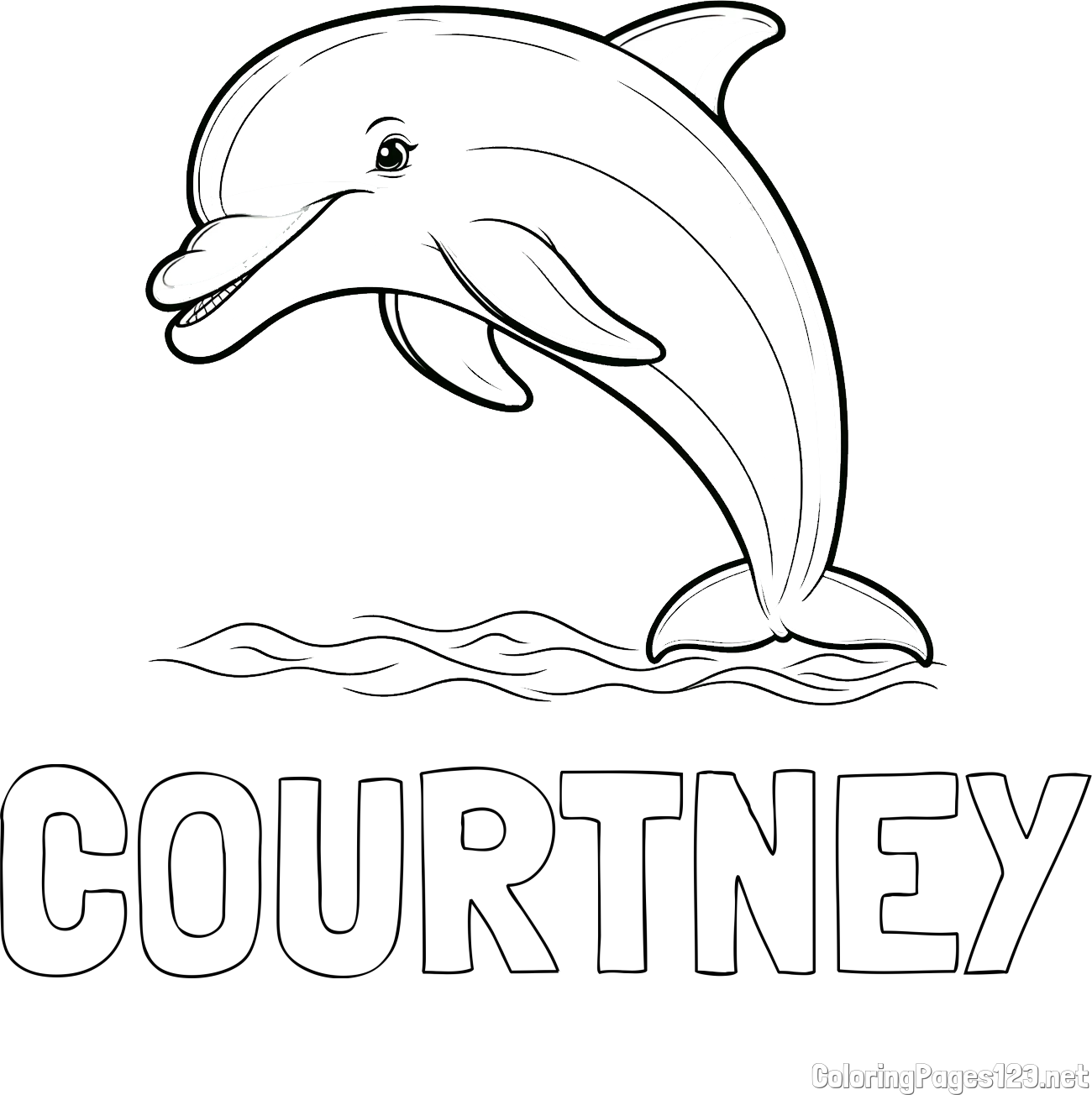 COURTNEY Coloring Page and Children's Coloring Page of a Smiling Dolphin Jumping