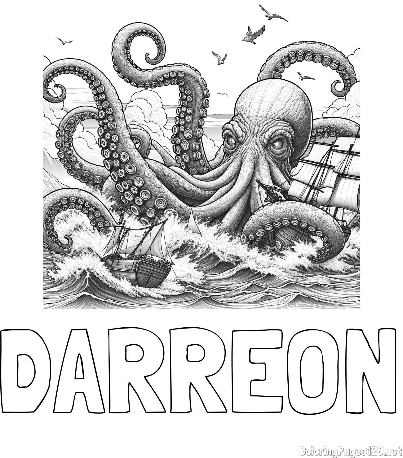 DARREON Coloring Page and Coloring Page of a Mythical Realistic Octopus