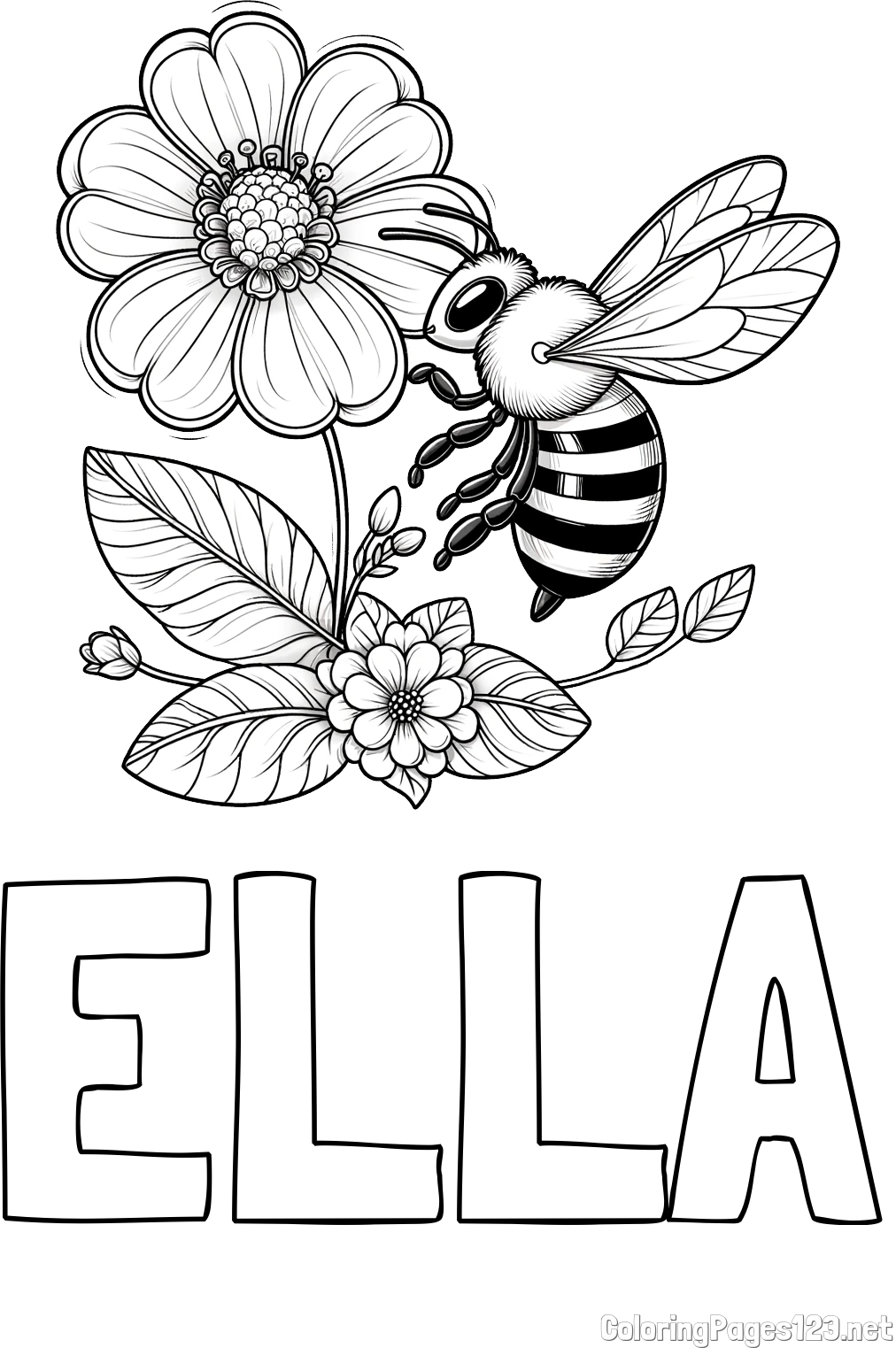 ELLA Coloring Page and Children's Coloring Book of a Little Bee and Flowers