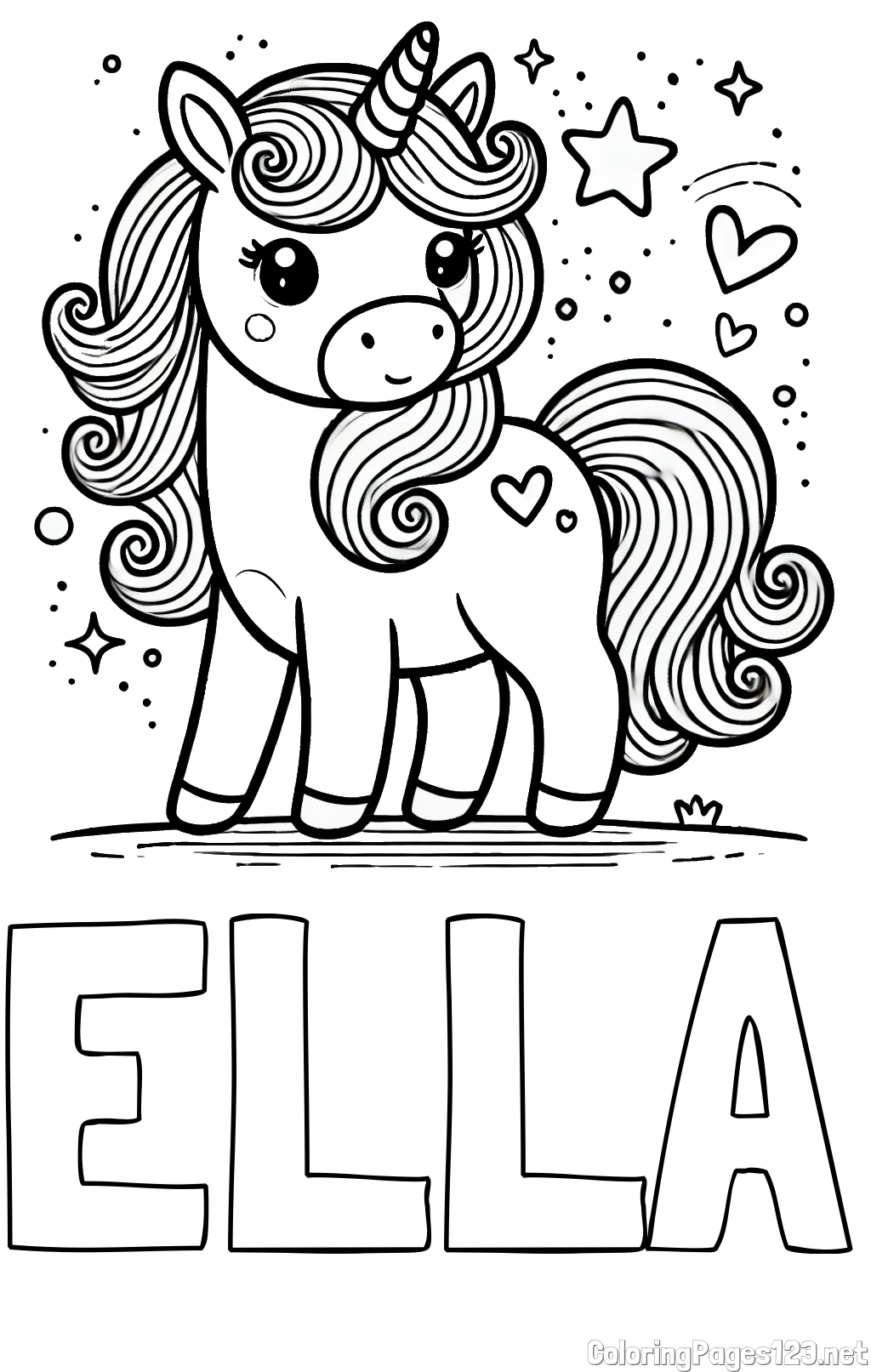 ELLA Coloring Page and Cute Unicorn Coloring Page