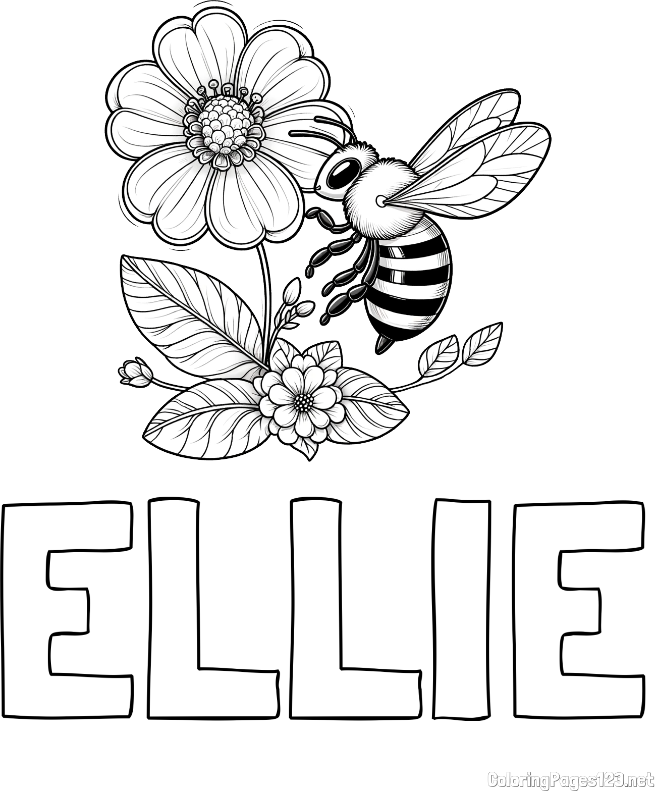 ELLIE Coloring Page and Children's Coloring Book of a Little Bee and Flowers