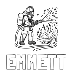 EMMETT Coloring Page and A coloring page of a firefighter and a big fire