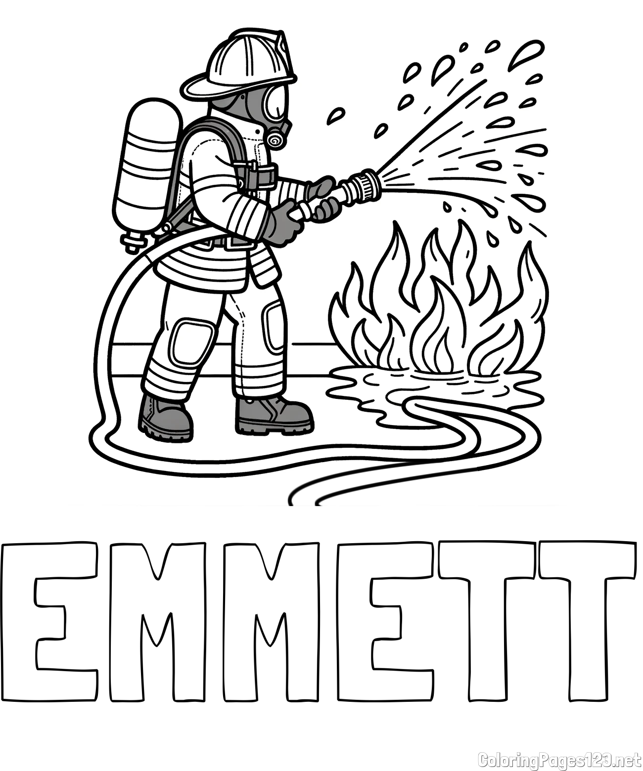 EMMETT Coloring Page and A coloring page of a firefighter and a big fire