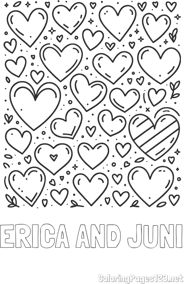 ERICA AND JUNI Coloring Page and Children's Coloring Page of Many Hearts