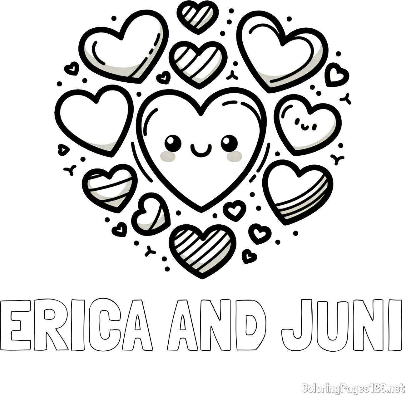 ERICA AND JUNI Coloring Page and Coloring Page of a Cute Cat Surrounded by Hearts
