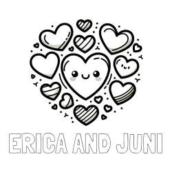 Online Created Coloring Page - ERICA AND JUNI Coloring Page and Coloring Page of a Cute Cat Surrounded by Hearts