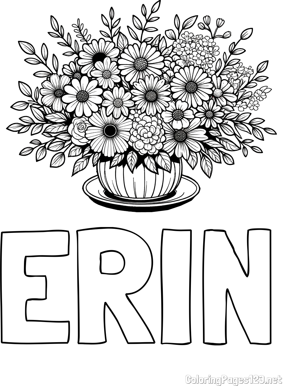 ERIN Coloring Page and Beautiful Bouquet of Flowers Coloring Page