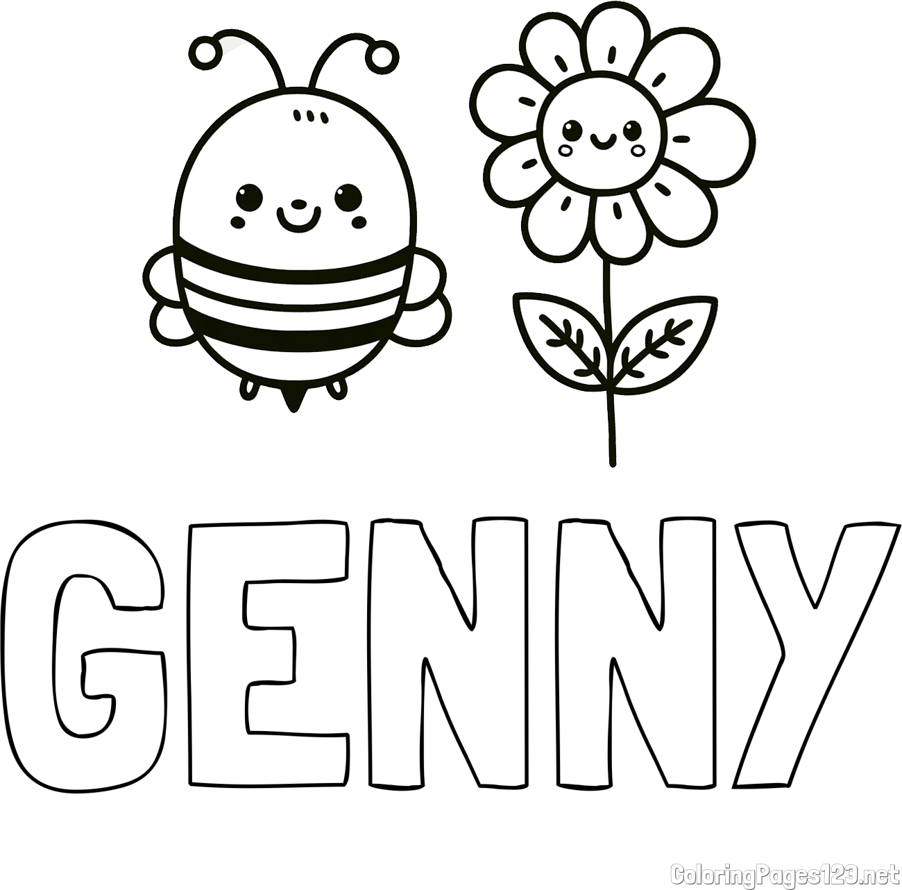 GENNY Coloring Page and Coloring Page of a Cute Bee and Smiling Flowers