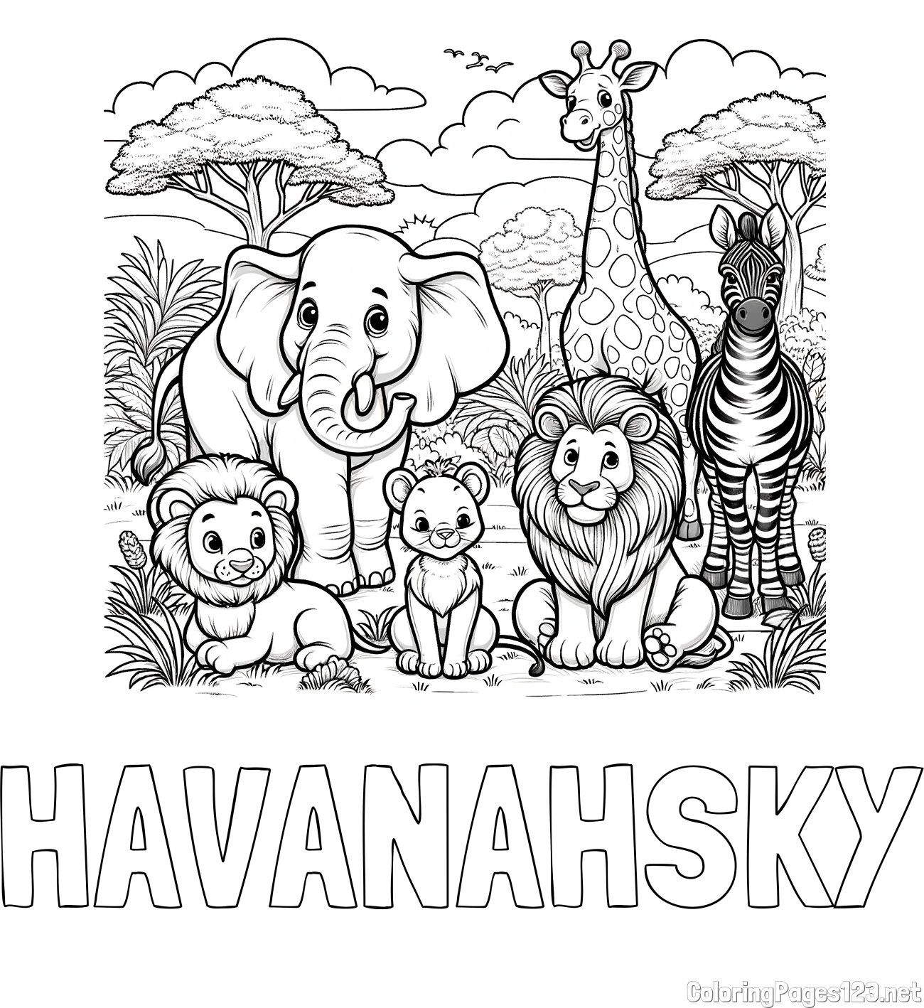 HAVANAH-SKY Coloring Page and Beautiful Animal Coloring Page - Lion Family, Elephant, Giraffe, and Zebra