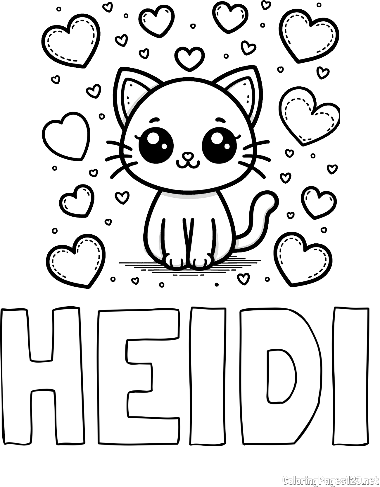 HEIDI Coloring Page and Free Coloring Page of a Cat and Hearts
