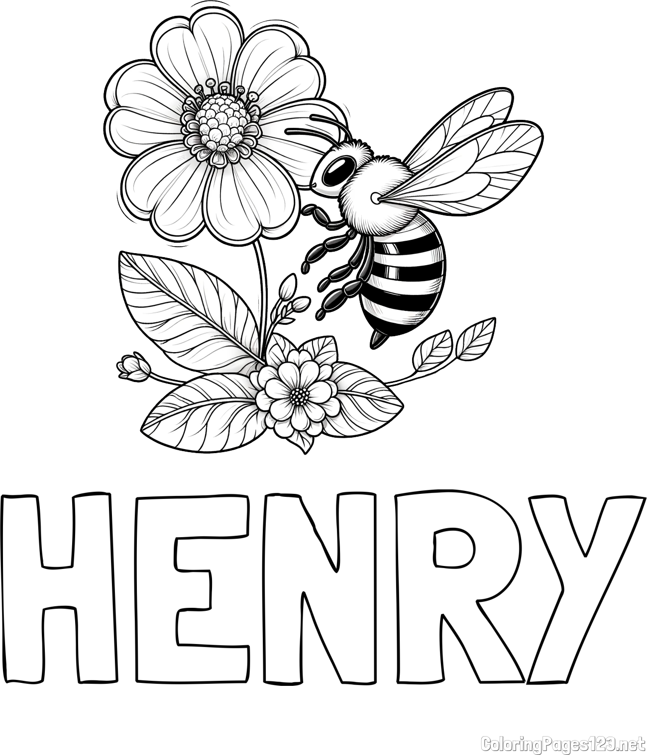 HENRY Coloring Page and Children's Coloring Book of a Little Bee and Flowers