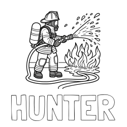 HUNTER Coloring Page and A coloring page of a firefighter and a big fire
