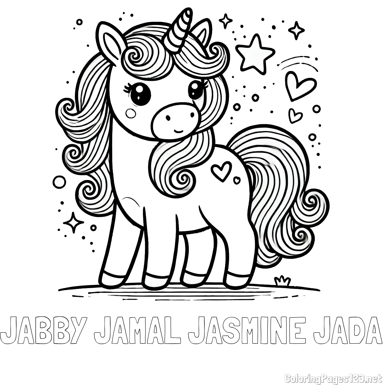 JABBY JAMAL JASMINE JADA Coloring Page and Cute Unicorn Coloring Page