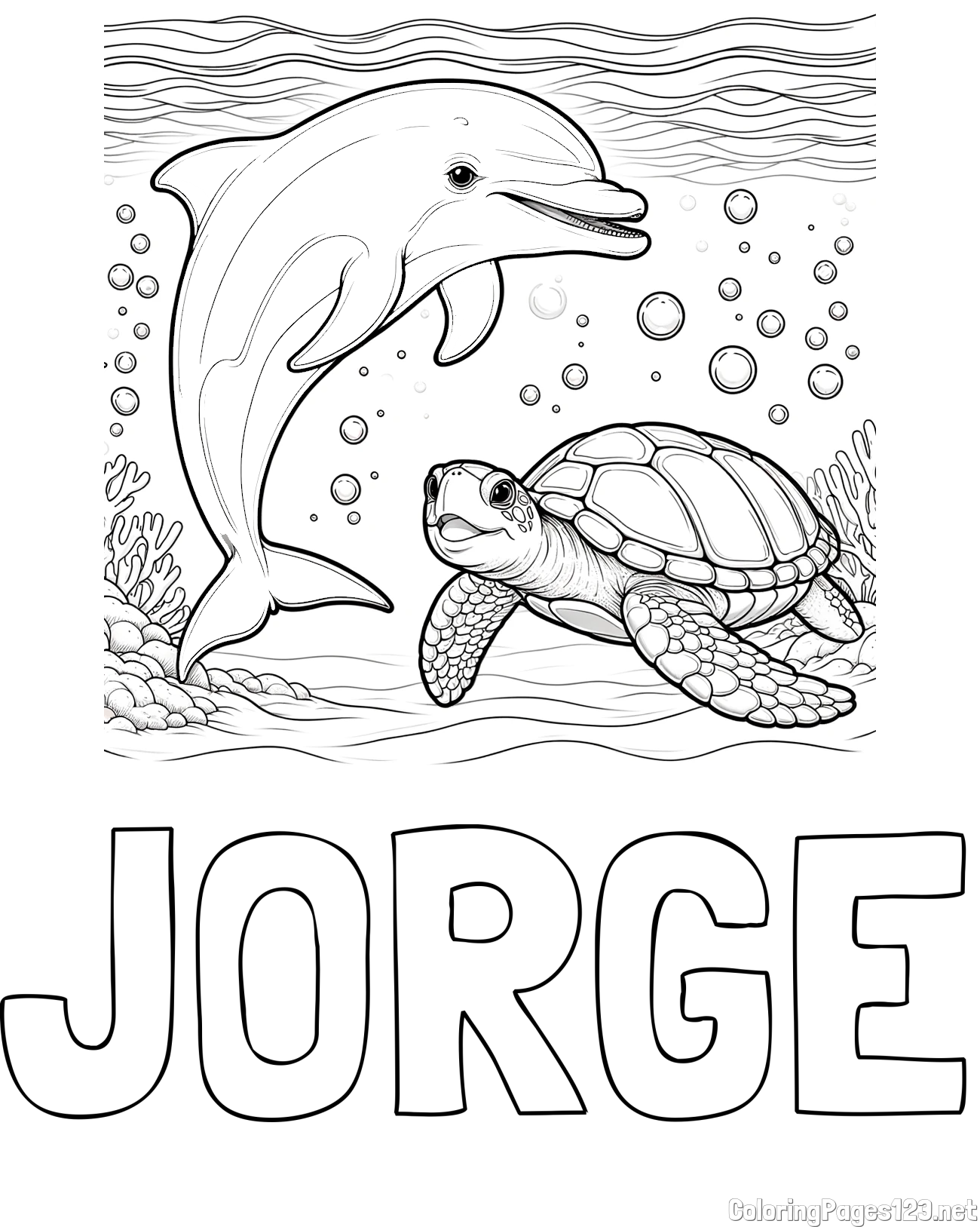 JORGE Coloring Page and Coloring Book of a Cute Dolphin and Its Turtle Friend"