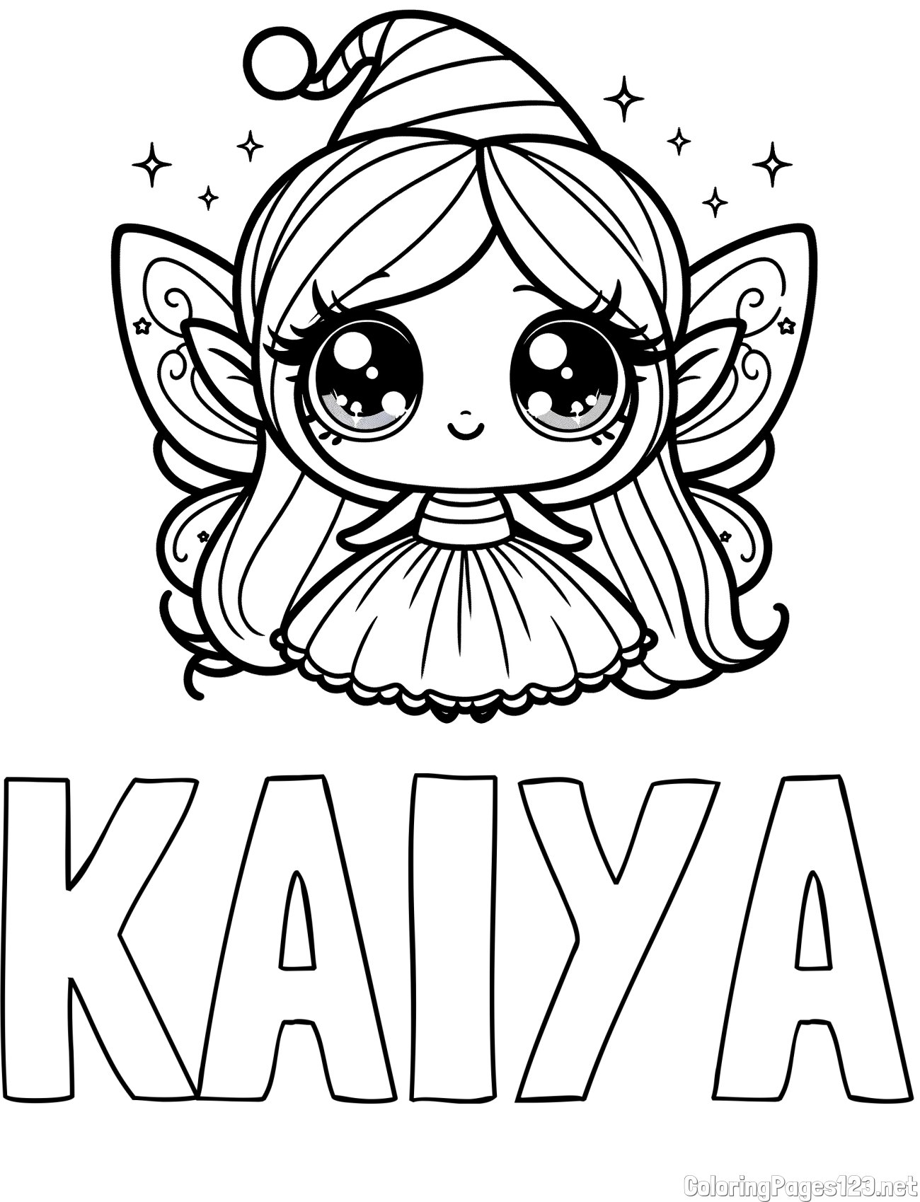 KAIYA Coloring Page and Coloring Page of a Cute Magical Fairy with Big Eyes