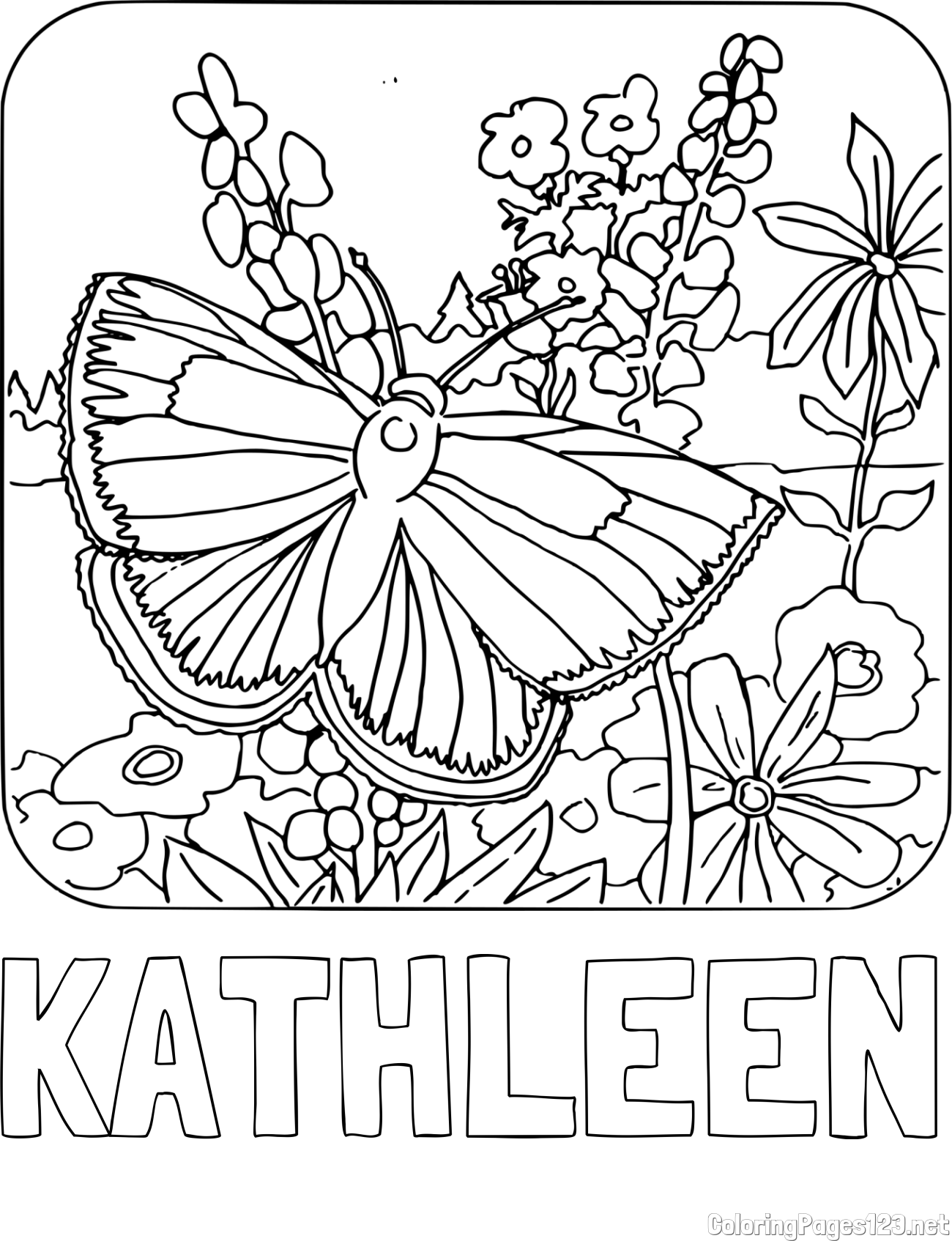 KATHLEEN Coloring Page and Butterfly on Flower Coloring Page