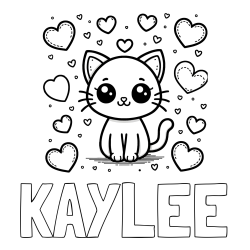 Online Created Coloring Page - KAYLEE Coloring Page and Free Coloring Page of a Cat and Hearts