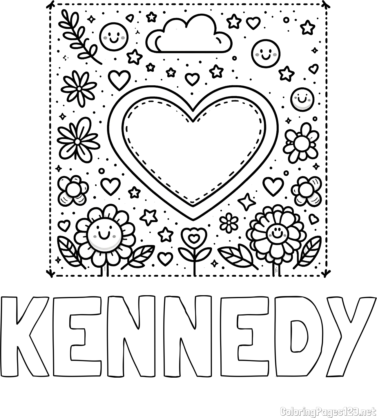 KENNEDY Coloring Page and Free Printable Coloring Page of Heart and Flowers