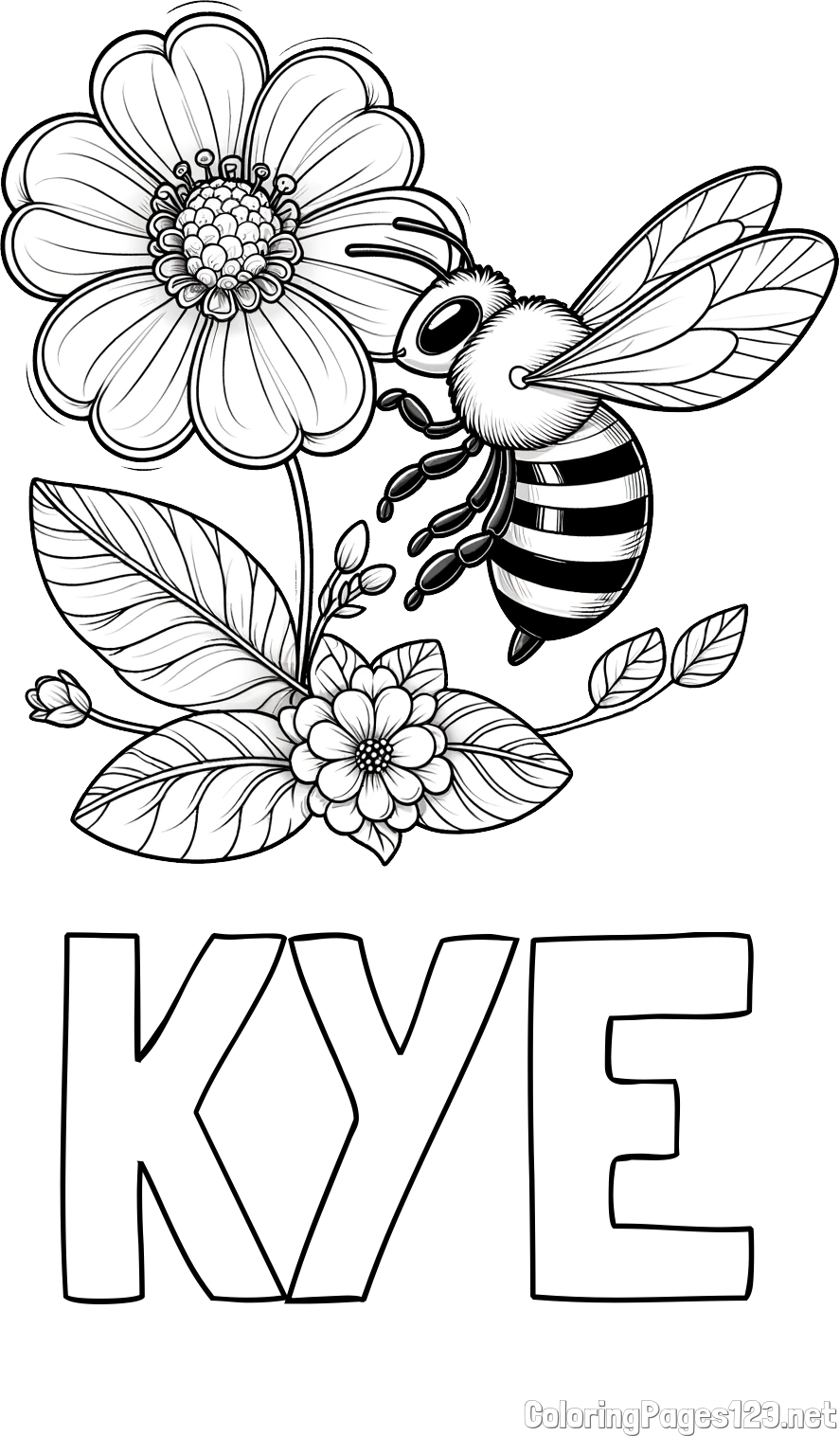 KYE Coloring Page and Children's Coloring Book of a Little Bee and Flowers