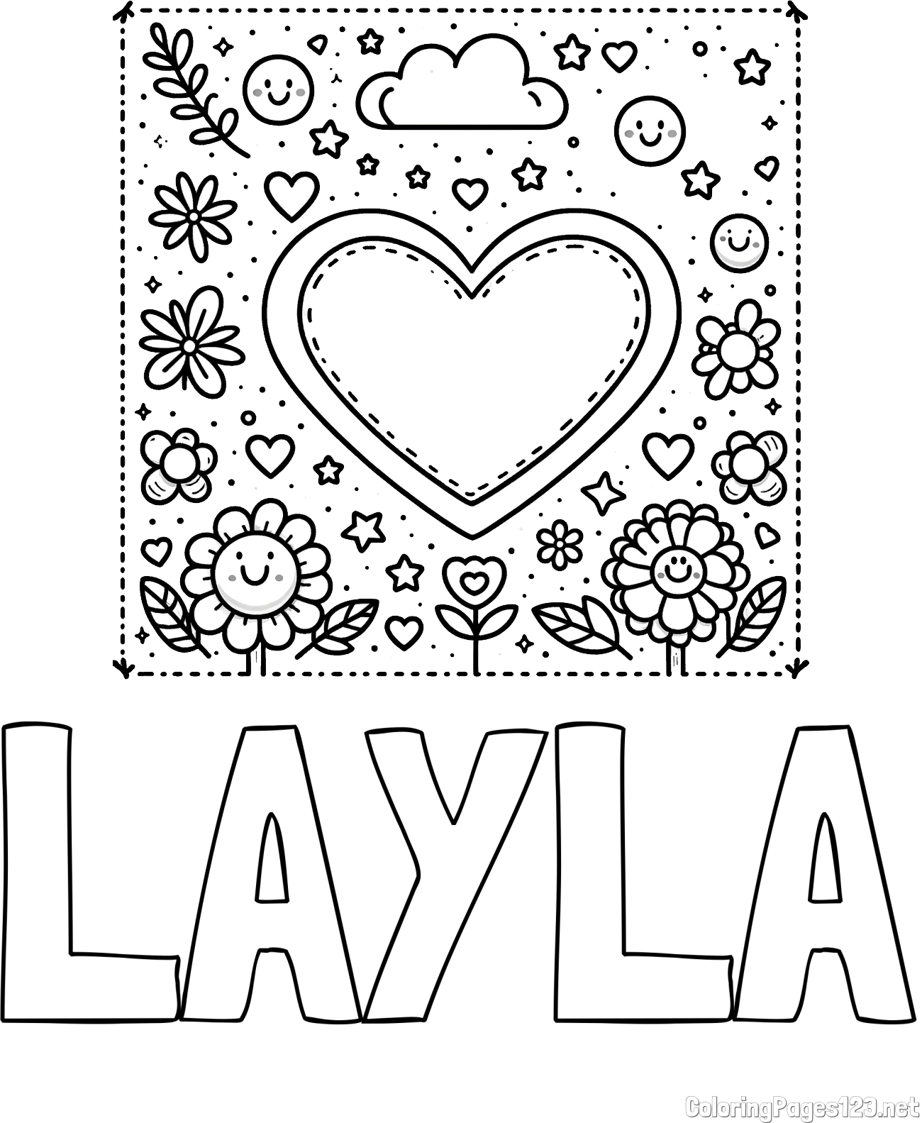 LAYLA Coloring Page and Free Printable Coloring Page of Heart and Flowers