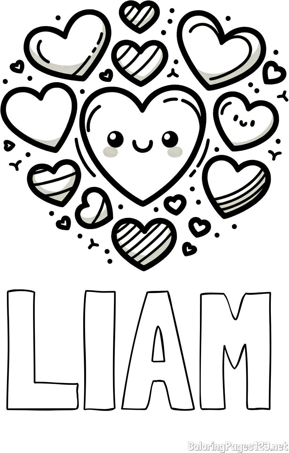 LIAM Coloring Page and Coloring Page of a Cute Cat Surrounded by Hearts