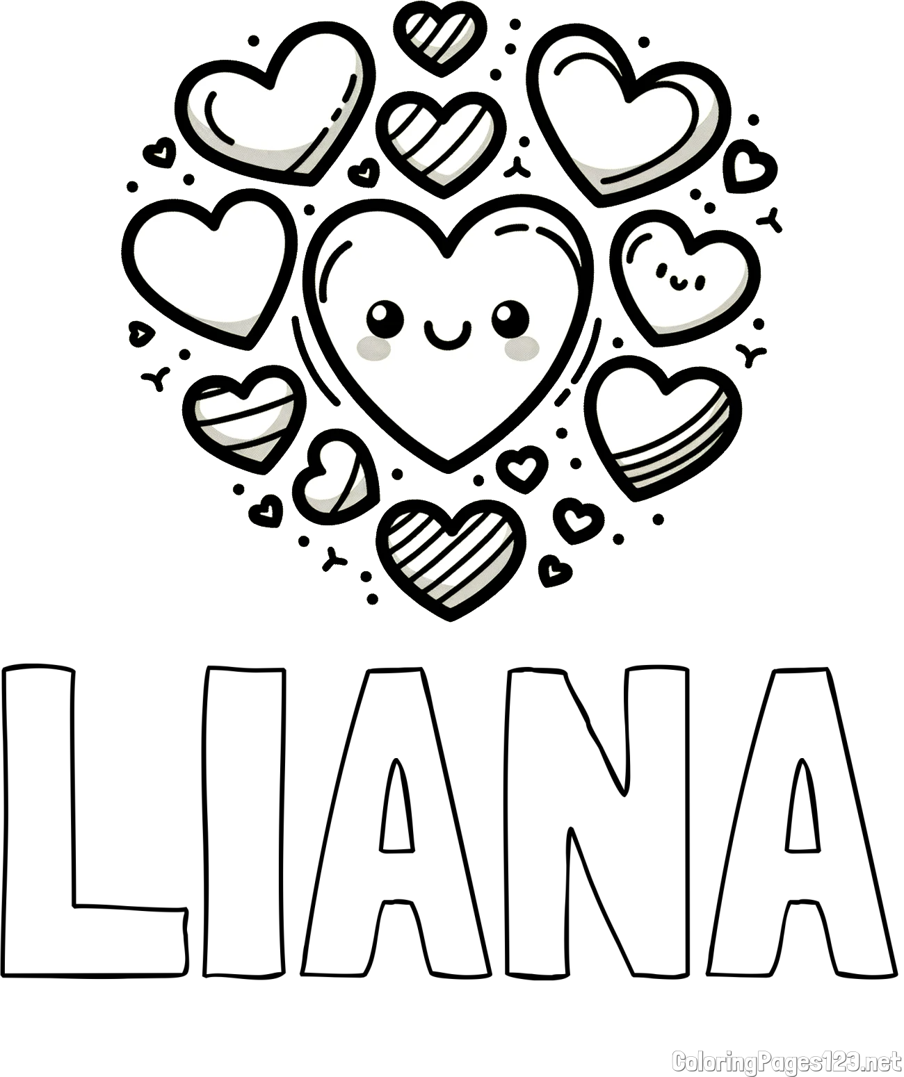 LIANA Coloring Page and Coloring Page of a Cute Cat Surrounded by Hearts