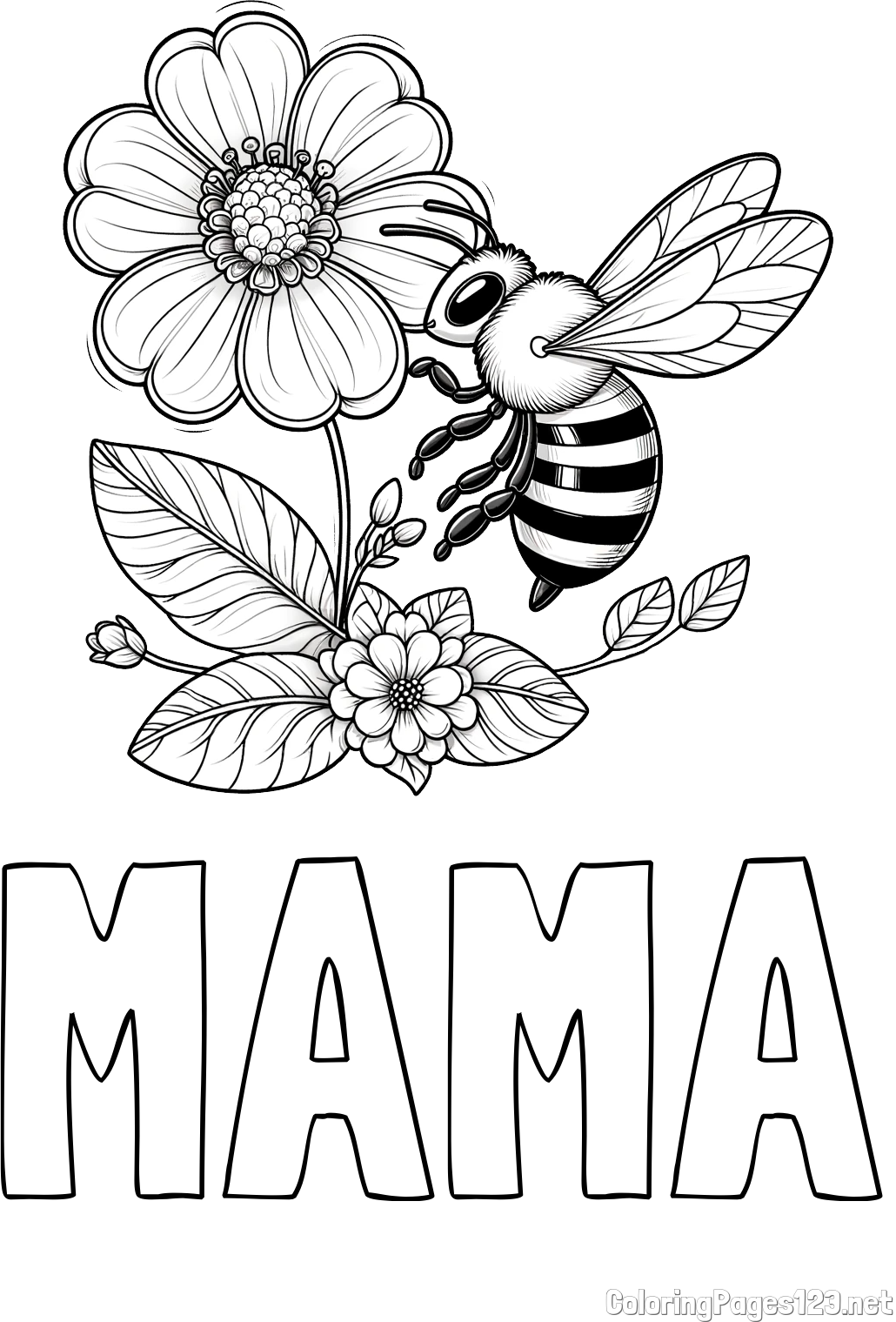 MAMA Coloring Page and Children's Coloring Book of a Little Bee and Flowers